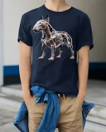X-Ray Bulldog Skeleton Art Graphic Style Tee - model wearing navy tee with hands in pockets