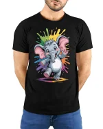Cute Baby Elephant Rainbow Splash Graphic Tee - model wearing black tee with hands behind back