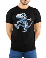 Cute Dino Skeleton Cartoon T-Rex Fun Graphic Tee - model wearing black tee with hands behind back