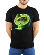 Surreal Lime House Waterfall Fantasy Art Tee - model wearing black tee with hands behind back