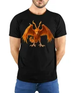 Fiery Mythical Phoenix Beast Fantasy Graphic Tee - model wearing black tee with hands behind back
