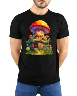 Whimsical Mushroom House Fantasy Cottage Art Tee - model wearing black tee with hands behind back