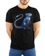 Fantasy Blue Scaled Mouse Creature Art Tee - model wearing black tee with hands behind back