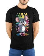 Cute Rainbow Splash Mouse Cartoon Fun Graphic Tee - model wearing black tee with hands behind back