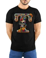 Floral Skull Letter T Decorative Art Graphic Tee - model wearing black tee with hands behind back
