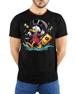 Rich Money Duck Cartoon Splash Graphic Fun Tee - model wearing black tee with hands behind back