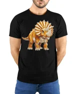 Cute Orange Triceratops Cartoon Dino Graphic Tee - model wearing black tee with hands behind back
