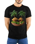 Tropical Coconut Island Hut Fantasy Graphic Tee - model wearing black tee with hands behind back