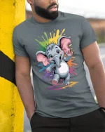 Cute Baby Elephant Rainbow Splash Graphic Tee - model wearing grey tee, leaning on column