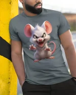 Angry Cute Mouse Fierce Cartoon Creature Graphic Tee - model wearing grey tee, leaning on column
