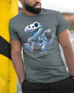Cute Dino Skeleton Cartoon T-Rex Fun Graphic Tee - model wearing grey tee, leaning on column