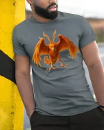 Fiery Mythical Phoenix Beast Fantasy Graphic Tee - model wearing grey tee, leaning on column