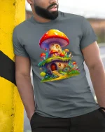 Whimsical Mushroom House Fantasy Cottage Art Tee - model wearing grey tee, leaning on column
