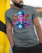 Cute Drummer Octopus Cartoon Music Fun Graphic Tee - model wearing grey tee, leaning on column
