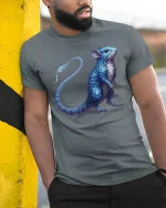 Fantasy Blue Scaled Mouse Creature Art Tee - model wearing grey tee, leaning on column