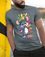 Cute Rainbow Splash Mouse Cartoon Fun Graphic Tee - model wearing grey tee, leaning on column
