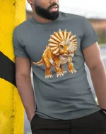 Cute Orange Triceratops Cartoon Dino Graphic Tee - model wearing grey tee, leaning on column