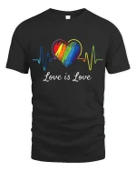Love Is Love Rainbow Heartbeat Equality Pride T-Shirt - black t-shirt on white background