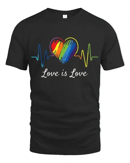 Love Is Love Rainbow Heartbeat Equality Pride T-Shirt - black t-shirt on white background