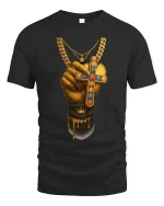 Golden Hand Cross Power Faith Drip Art Graphic Tee - black t-shirt on white background