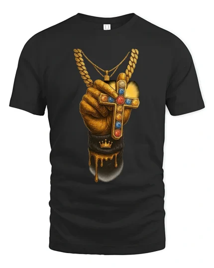 Golden Hand Cross Power Faith Drip Art Graphic Tee - black t-shirt on white background