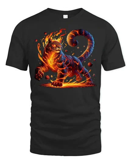 Fiery Lava Cat Beast Flame Power Graphic T-Shirt - black t-shirt on white background