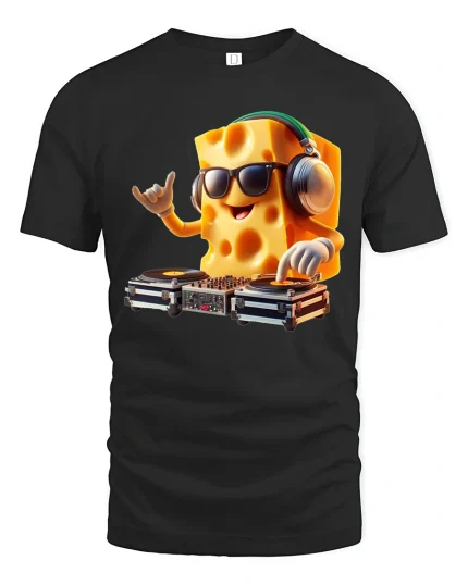 DJ Cheese Funny Music Cartoon Party Vibes T-Shirt - black t-shirt on white background