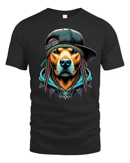 Hip Hop Dog Braids Cool Urban Style Graphic T-Shirt - black t-shirt on white background