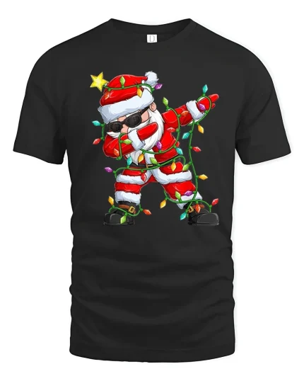 Funny Dabbing Santa Wrapped in Christmas Lights Tee - black t-shirt on white background