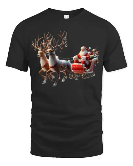 Santa Sleigh Flying Reindeer Classic Christmas T-Shirt - black t-shirt on white background
