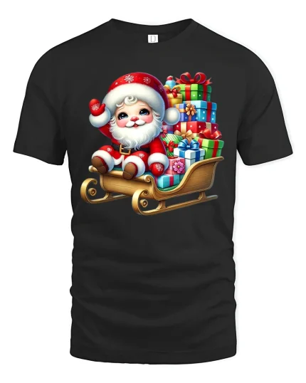 Cute Baby Santa Sleigh Gifts Christmas Holiday T-Shirt - black t-shirt on white background