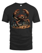 Ferocious Monster Crab Graphic Battle Scene T-Shirt - black t-shirt on white background