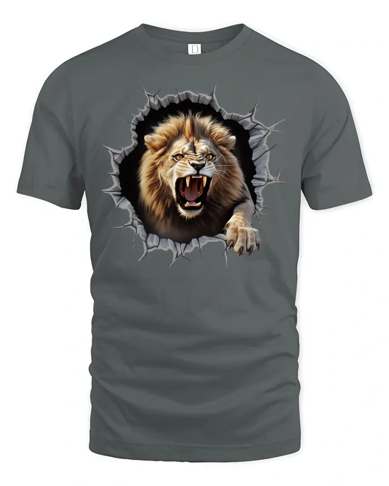 3D Roaring Lion Breakthrough Wild Graphic T-Shirt - gray t-shirt on white background