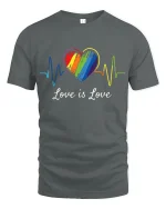 Love Is Love Rainbow Heartbeat Equality Pride T-Shirt - gray t-shirt on white background