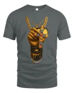 Golden Hand Cross Power Faith Drip Art Graphic Tee - gray t-shirt on white background