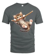 Cute Hanging Kitten Rope Playful Fun Graphic T-Shirt - gray t-shirt on white background