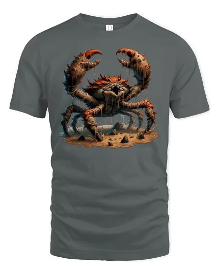 Ferocious Monster Crab Graphic Battle Scene T-Shirt - gray t-shirt on white background