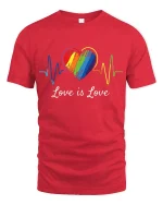 Love Is Love Rainbow Heartbeat Equality Pride T-Shirt - red t-shirt on white background
