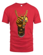 Golden Hand Cross Power Faith Drip Art Graphic Tee - red t-shirt on white background