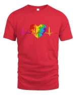 Rainbow Heartbeat Pride Graphic Love Support T-Shirt - red t-shirt on white background