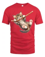 Cute Hanging Kitten Rope Playful Fun Graphic T-Shirt - red t-shirt on white background