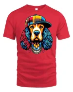 Hip Hop Colorful Dog Art Graphic Cool Style T-Shirt - red t-shirt on white background