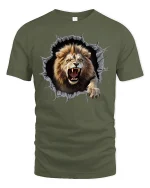 3D Roaring Lion Breakthrough Wild Graphic T-Shirt - military green t-shirt on white background