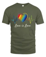 Love Is Love Rainbow Heartbeat Equality Pride T-Shirt - military green t-shirt on white background