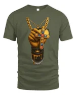 Golden Hand Cross Power Faith Drip Art Graphic Tee - military green t-shirt on white background