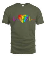 Rainbow Heartbeat Pride Graphic Love Support T-Shirt - military green t-shirt on white background