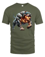 Inferno Cyber Beast Dog Fiery Monster Art T-Shirt - military green t-shirt on white background