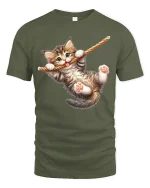 Cute Hanging Kitten Rope Playful Fun Graphic T-Shirt - military green t-shirt on white background