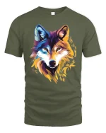 Colorful Wolf Spirit Art Graphic Wild Style T-Shirt - military green t-shirt on white background