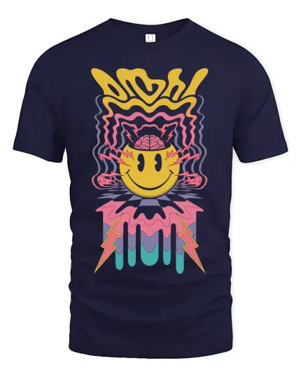 Psychedelic Smiley Brain Burst Trippy Art T-Shirt - navy t-shirt on white background